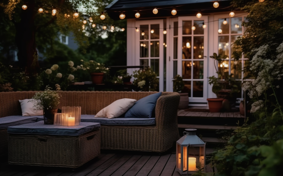 Ambient Lighting: Enhance the enchanting ambiance of your terrace with carefully placed lighting. Consider soft string lights, lanterns, or even strategically positioned floor lamps to create a warm and inviting glow that extends the usability of your outdoor space well into the evening.